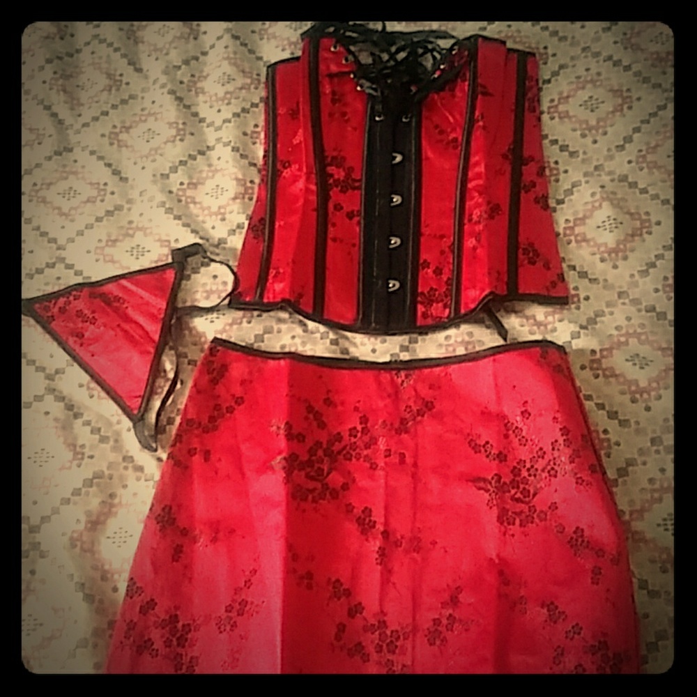 3pc red and black satin corset skirt and underwear